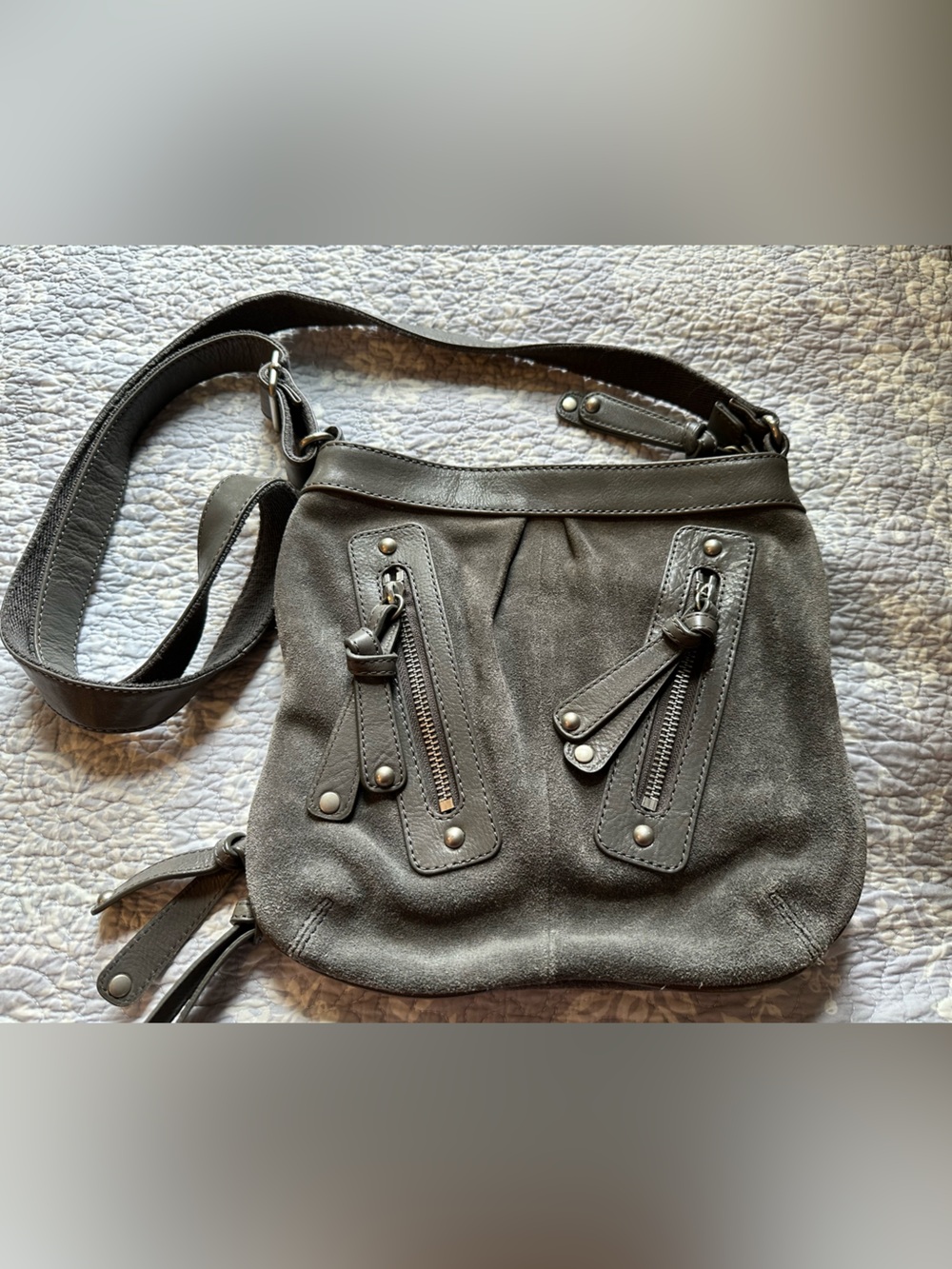 Gray Suede  / leather Crossbody purse with attached rear wallet